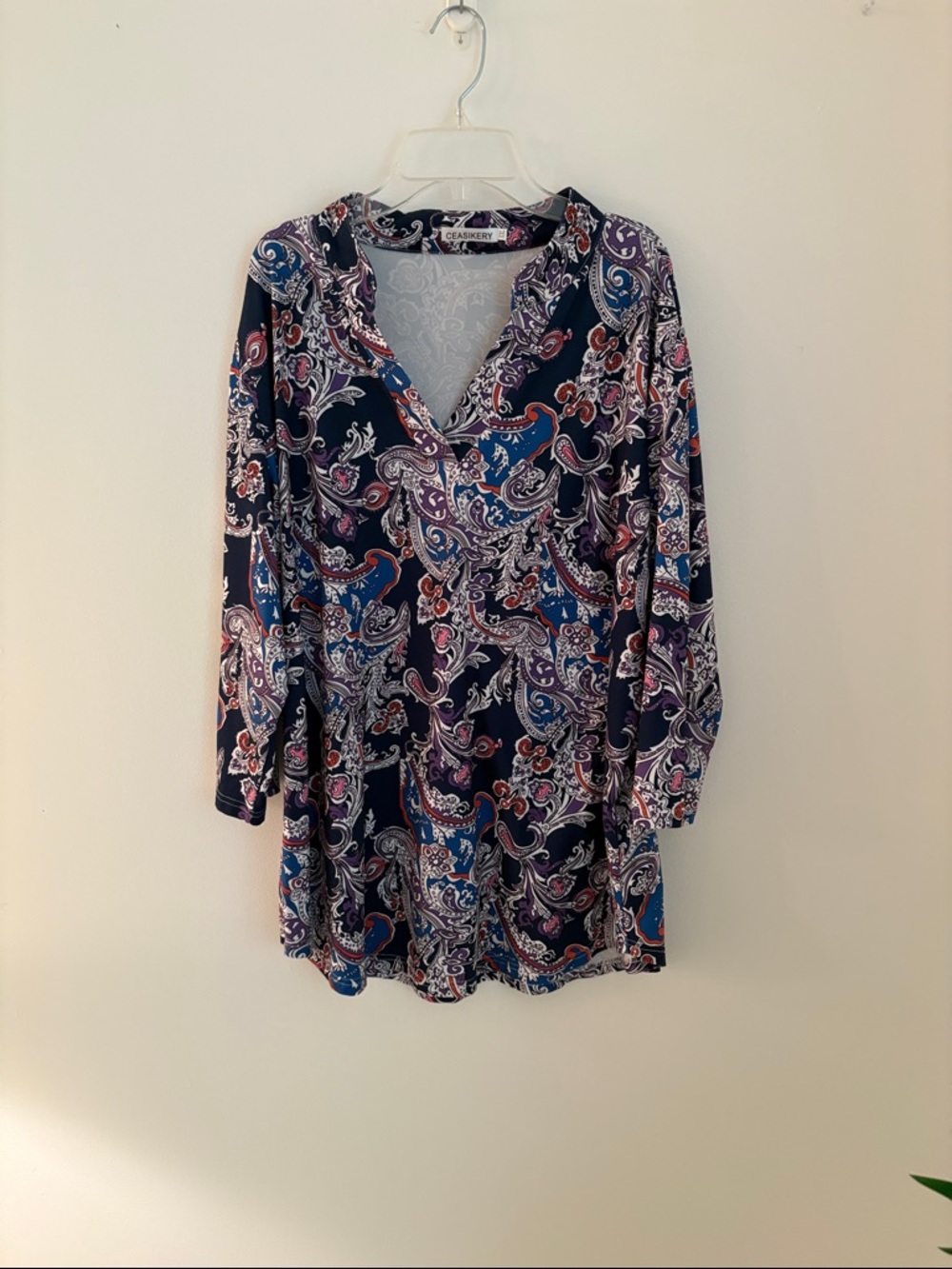 Chaps Navy Paisley V-Neck Tunic with Blue and Purple Accents